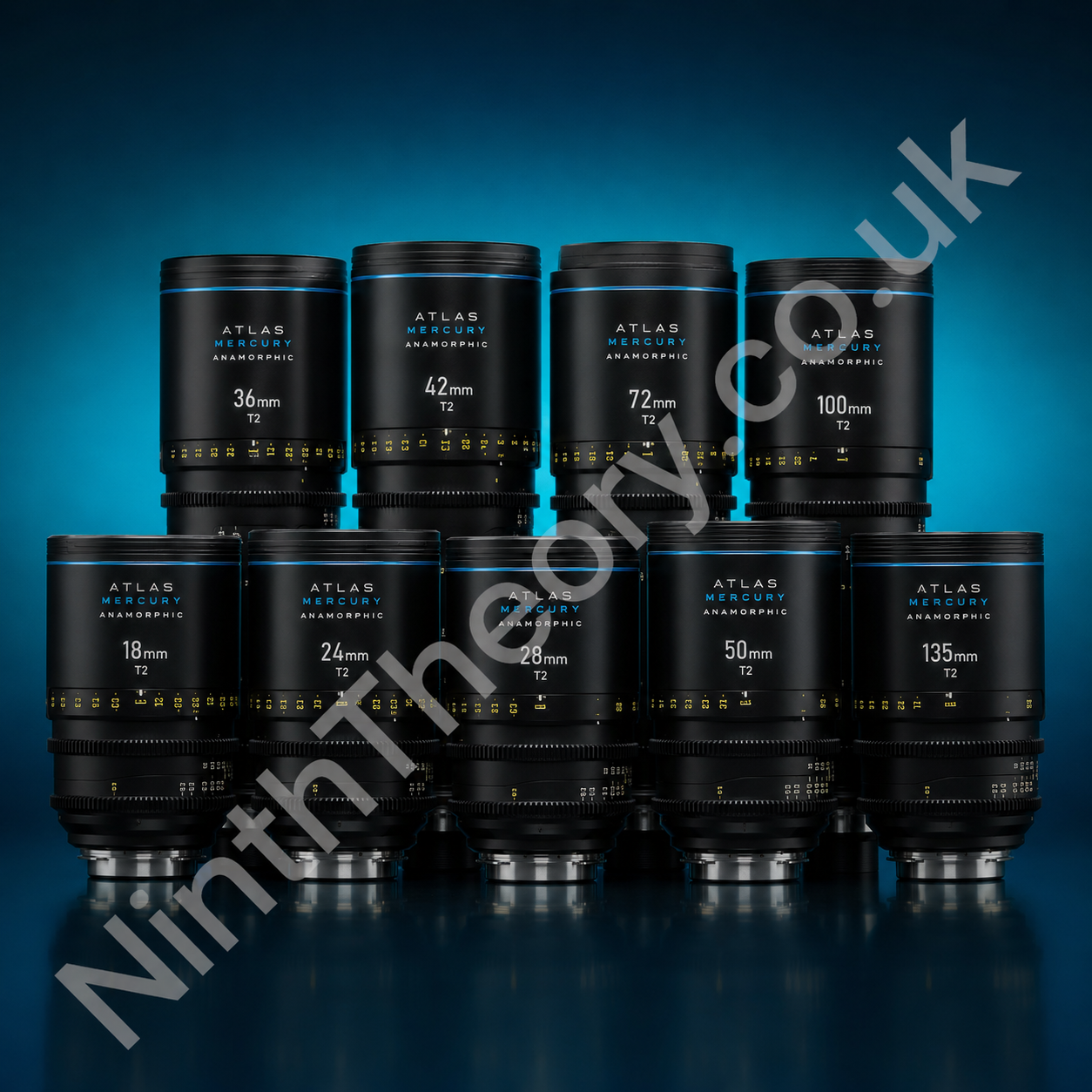 Atlas Mercury anamorphic cine lens set on teal studio background