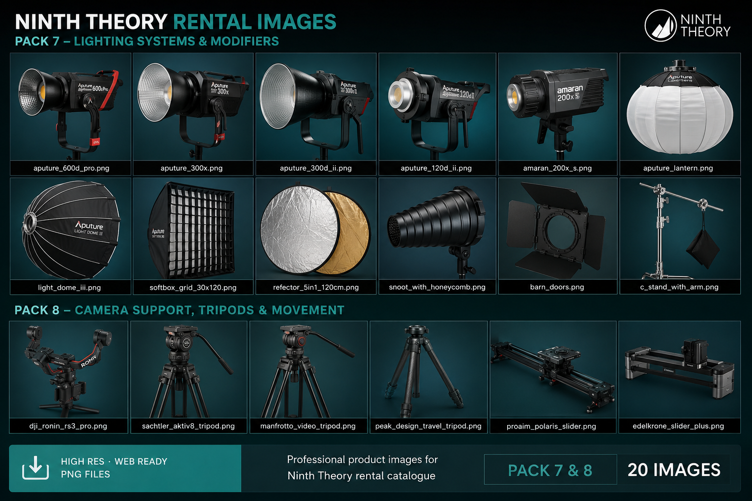 Ninth Theory rental image catalogue for lighting systems, modifiers, camera support and movement gear
