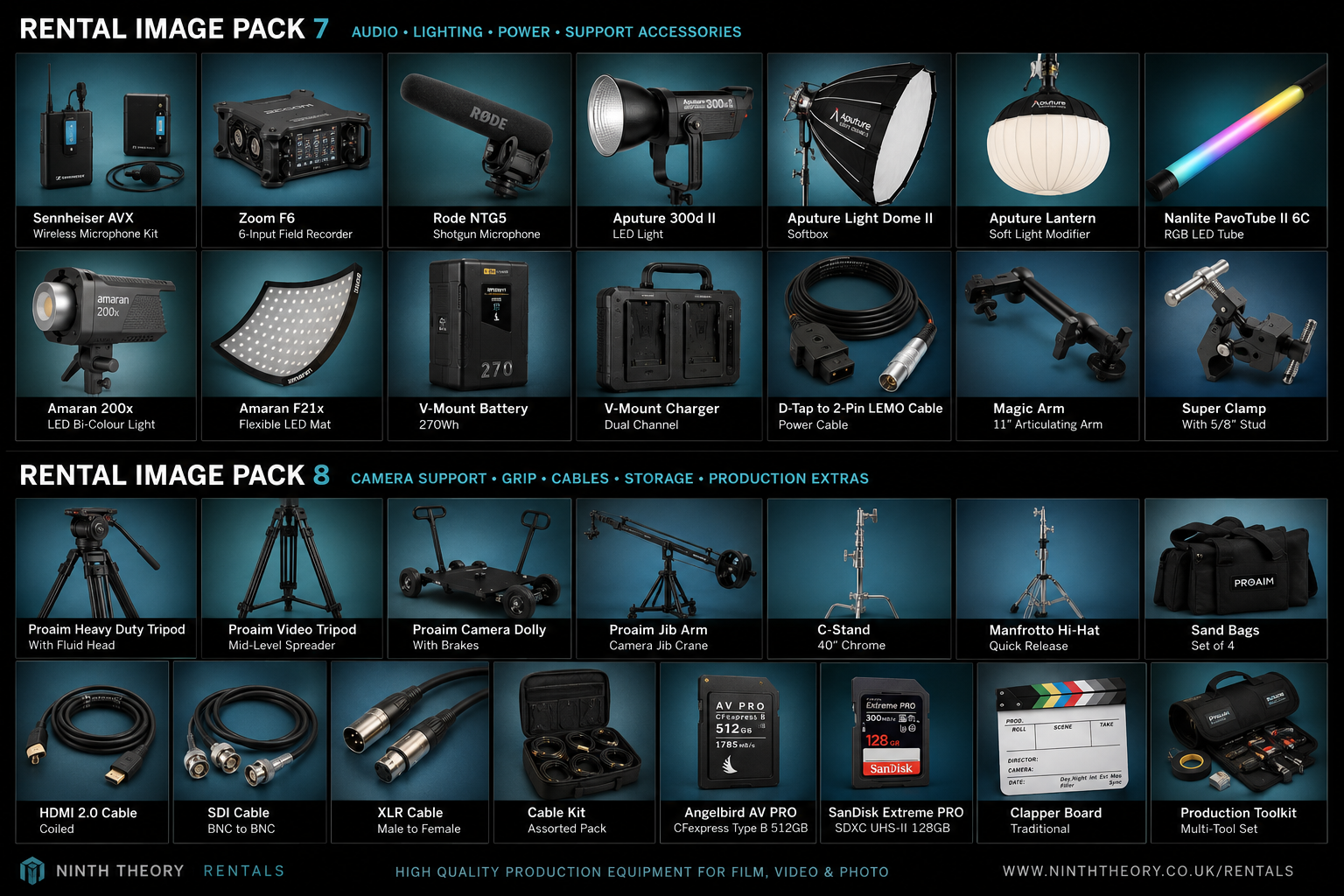 Ninth Theory rental image catalogue for audio, lighting, power, support accessories, grip, cables and storage