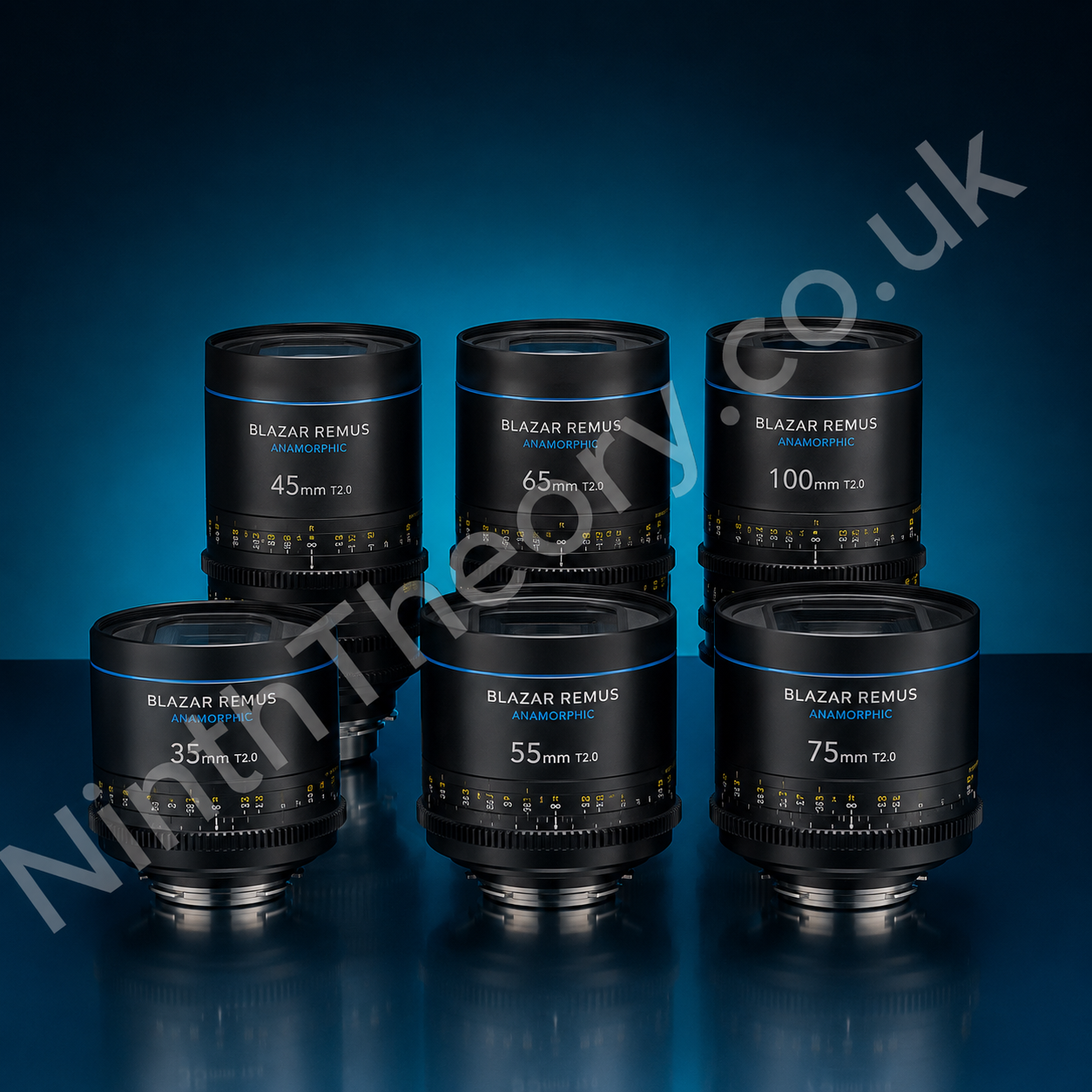 Blazar Remus anamorphic cine lens set on teal studio background