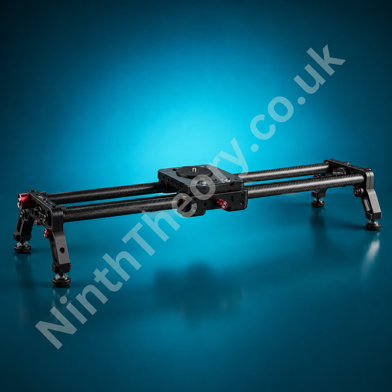 Carbon fibre camera slider product image on a teal studio background