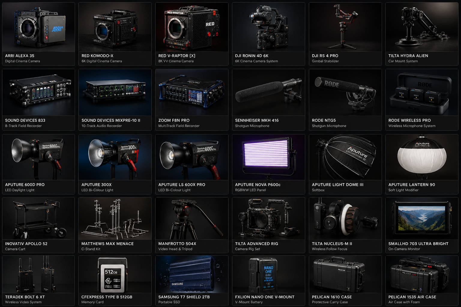Ninth Theory rental catalogue grid showing cinema cameras, audio gear, lights, grip and accessories