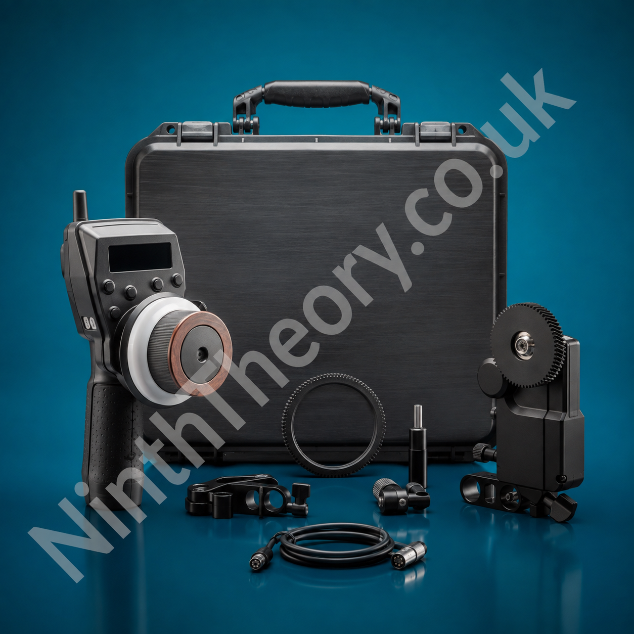Professional camera accessory gear kit on a teal studio background