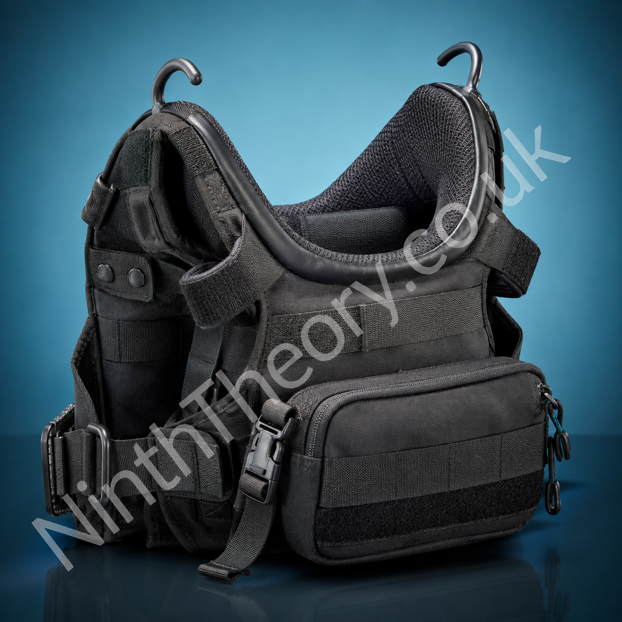 Camera support harness product image on a teal studio background
