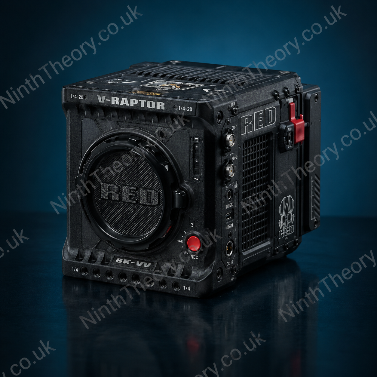 RED V-RAPTOR 8K cinema camera product shot on a dark blue studio background