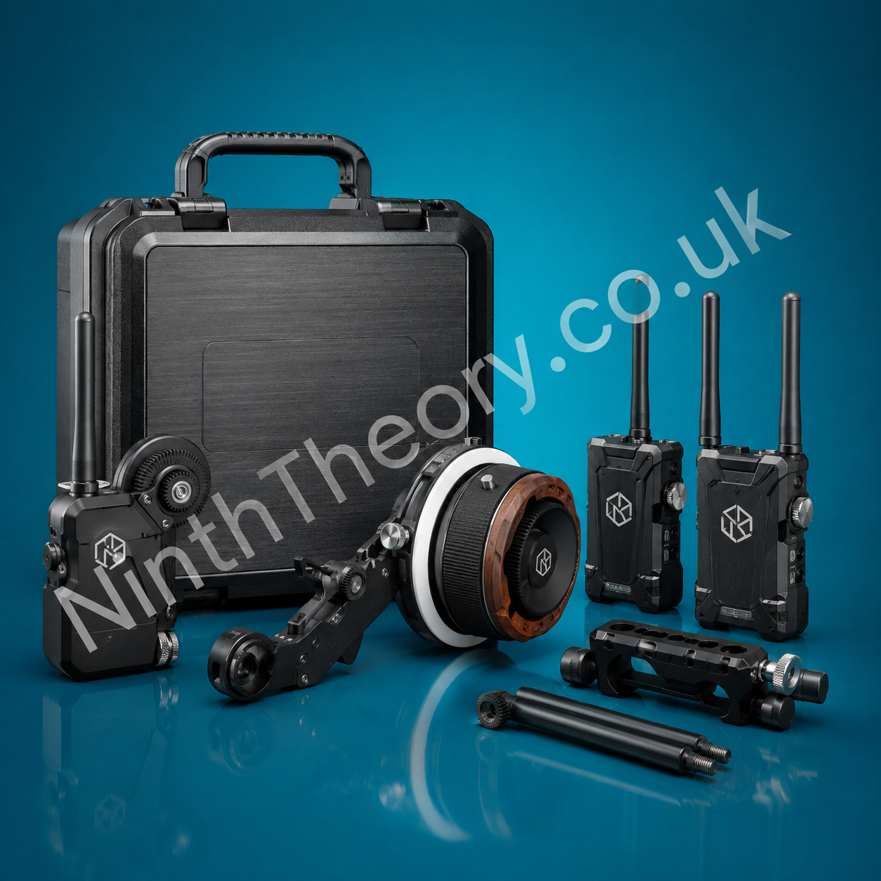 Wireless filmmaking gear kit on a teal studio background
